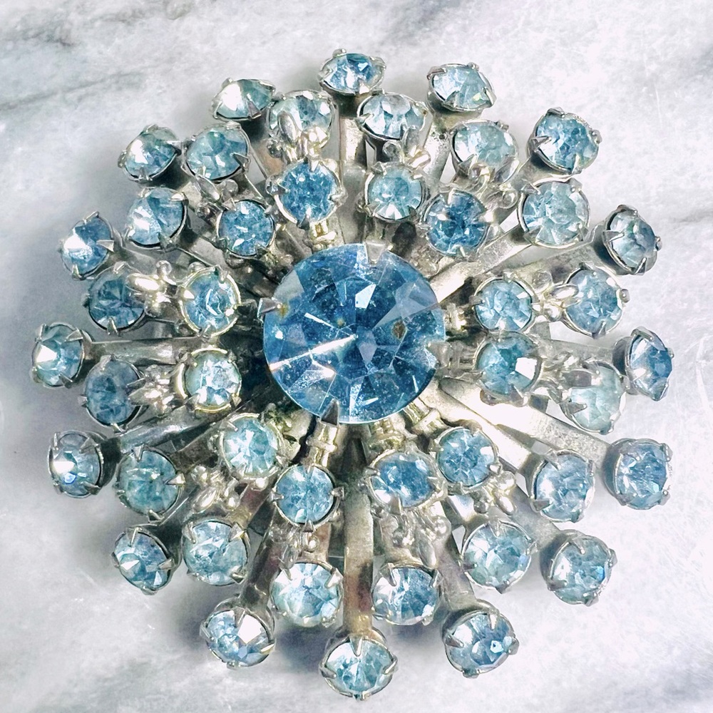 Vintage Blue Rhinestone Starburst Circular Brooch, 2” dia